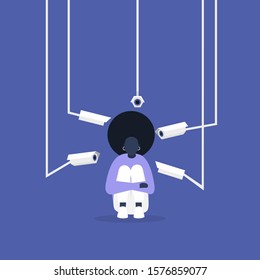 Young crouching black female character surrounded by CCTV cameras, invasion of privacy with new spying technologies