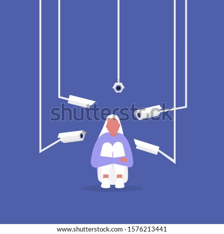 Young crouching female character surrounded by CCTV cameras, invasion of privacy with new spying technologies
