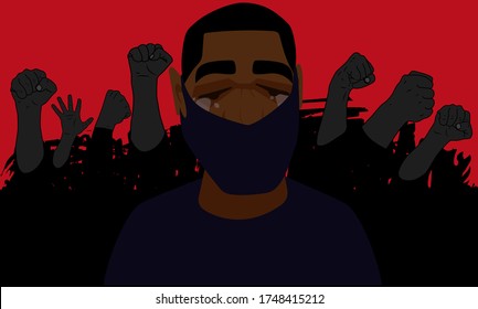 A young crying black guy against the backdrop of a rally crowd. Stock vector illustration about racism and human rights abuse. Stock image in black and red colors. For news, political blogs.