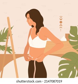 Young crying woman measuring her waist. Rejection of yourself, body shaming, eating disorder. Girl is disappointed with the size of her waist. Vector illustration in cartoon style. 