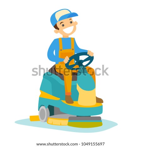 Young cucasian white man cleaning supermarket floor with washing machine. Man operating floor scrubber machine. Cleaning service concept. Vector cartoon illustration isolated on white background.