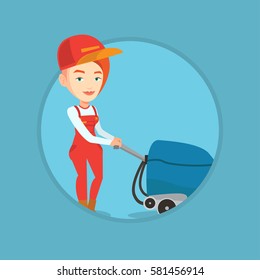 Young cucasian woman cleaning supermarket floor. Woman working with cleaning machine. Worker of cleaning services in supermarket. Vector flat design illustration in the circle isolated on background.