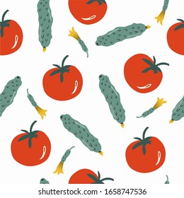Young cucumbers with a flower and tomatoes vegetables. Geometric seamless pattern on a white background. Healthy and wholesome food. For printing on textiles and kitchen utensils.