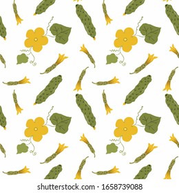 Young cucumbers with a flower vegetables. Geometric seamless pattern on a white background. Healthy and wholesome food. For printing on textiles and kitchen accessories, packaging.