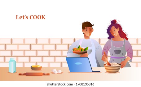 Young culinary bloggers cooking together at home. Smiling family preparing food in the kitchen. Vector illustration with female and male characters in aprons, laptop, rolling-pin, milk, eggs, dough