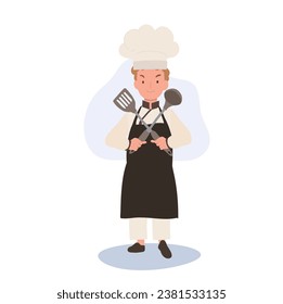 Young Culinary Pro Holding Flipper and Dipper. Confident Kid Chef with Crossed Arms