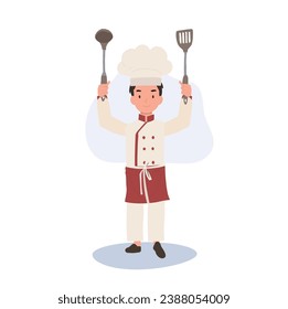 Young Culinary Pro Holding Flipper and Dipper up.