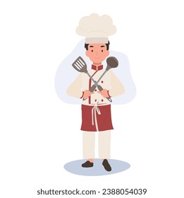 Young Culinary Pro Holding Flipper and Dipper. Confident Kid Chef with Crossed Arms