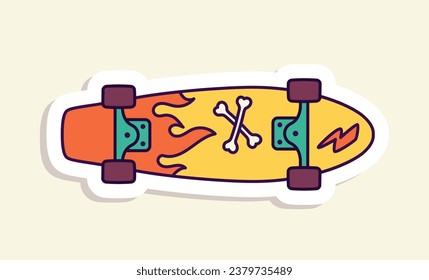 Young culture trendy sticker. Colorful skatebord back view. Active lifestyle and sport. Sticker for social networks. Cartoon flat vector illustration isolated on beige background