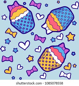 Young Cupcake Vector Seamless Print with Bows, Stars and Hearts