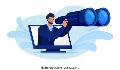 Young curious man holding big binoculars in hand and looking far away, expecting and searching through computer. Optimization, programming process and web analytics. Business research, development