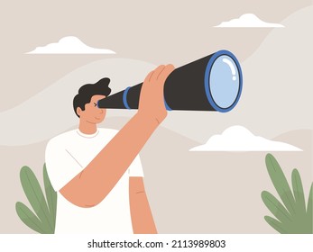 Young curious woman holding binoculars in hand and looking far away, leadership, innovation, success, looking for new business idea