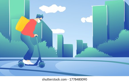 Young curly guy rides a electric scooter with delivery on a white background. A man with thermo bag, the concept of fast delivery.