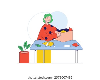 Young curly haired woman carrying box, to make paper crafts. Character design. Vector flat illustration