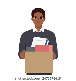 Junge, lockige Arbeiter, die sich gestresst fühlen, wenn sie mit ihrem Karton mit Sachen gefeuert werden. Flache Vektorillustration isoliert auf weißem Hintergrund