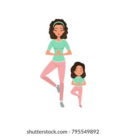 Young curly-haired mother with daughter doing yoga exercise. Motherhood concept. Healthy lifestyle. Girl and mom in sportswear. Happy family. Cartoon flat vector design