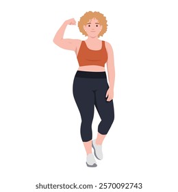 Young curvy figure cheerful overweight fitness woman wearing sports clothing flexing bicep. Flat vector illustration isolated on white background