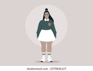 A young, curvy, plus-size model donning a college uniform that includes a green sweater with an insignia and a white skirt