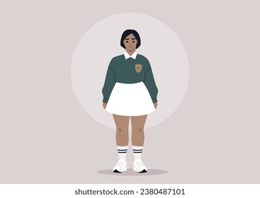 A young, curvy, plus-size model donning a college uniform that includes a green sweater with an insignia and a white skirt