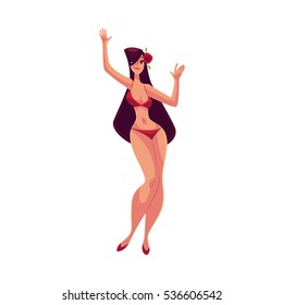Young curvy woman with long black hair in red bikini dancing, cartoon style vector illustration isolated on white background. Young and beautiful block haired girl dancing at a beach party in bikini