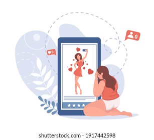 Young curvy woman look at her skinny photos, or photos of a skinny girl on the Internet and crying vector flat illustration. Diet application, social network. Body positive concept.