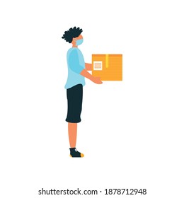 young customer with mask and cardboard box service vector illustration