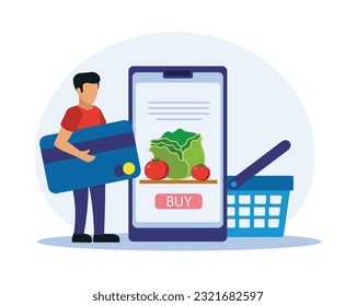 Young customer paying for online purchases with credit card. Man buying fresh food, use mobile app. Character orders food online. Product delivery service. Vector illustration