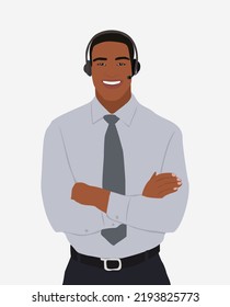 Young customer service representative with headset. Call center worker. Smiling handsome man wearing office formal outfit. Cartoon male character vector realistic illustration isolated on white.