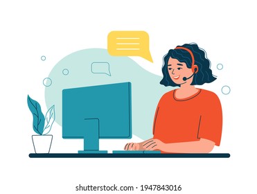 Young customer service woman with headphones and microphone in front of a computer. Concept illustration for online user support, help desk, assistance, call center. Isolated vector illustration