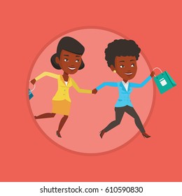 Young customers rushing to promotion and sale. People rushing on sale to the shop. Women running in a hurry to the store on sale. Vector flat design illustration in the circle isolated on background.