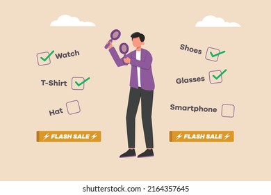 Young Customers using magnifying glass in both hands searching and check list for shopping at flash sale time. Flash sale and Discount Concept. Flat vector illustration isolated.