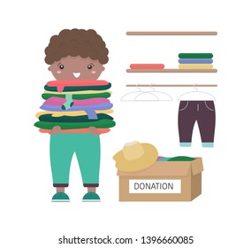 Young and cute african american boy is holding his clothing to make donations. Box full of clothes. Mindful living, minimalism and charity vector concept. 