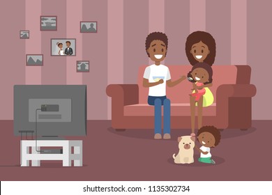 Young Cute African American Family Spending Time Together Watching Tv In The Living Room. Father And Mother Feed Their Little Daughter. Boy Playing With The Dog. Vector Flat Illustration