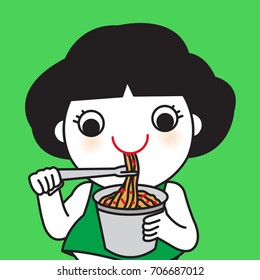 Young Cute Asian Girl Eating Instant Noodle From Cup Using Fork Concept Card Character illustration