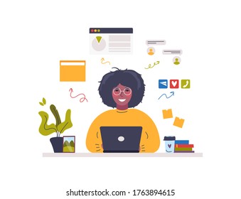 Young cute black business woman is working on laptop. Creative workspace. Freelancer work remotely at home or coworking place using smart device. Flat vector illustration isolated on white background
