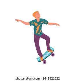 Young Cute Blonde Hair Boy Dancing On His Skateboard