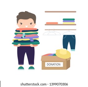 Young cute boy is holding his clothing to make donations. Box full of clothes. Mindful living, minimalism and charity vector concept. 
