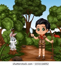 Young Cute Boy Scout Cartoon Character with a Wood Stick and Magnifying Glass and a Little Bunny Standing on The Log in the Forest. Boy and Rabbit Standing on a Forest Path