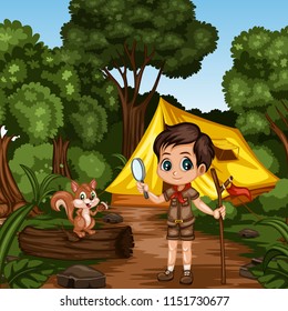 Young Cute Boy Scout Cartoon Character with a Wood Stick and Magnifying Glass and a Little Squirrel Standing on The Log in the Forest. Boy and Squirrel Standing on a Forest Path Near a Yellow Tent