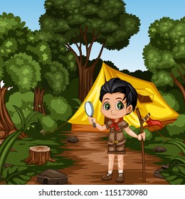 Young Cute Boy Scout Cartoon Character with a Wood Stick and Magnifying Glass in the Forest. Little Scout Standing on a Forest Path Near his Tent
