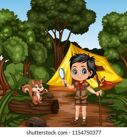 Young Cute Boy Scout Cartoon Character with a Wood Stick and Magnifying Glass and a Little Squirrel Standing on The Log in the Forest. Boy and Squirrel Standing on a Forest Path Near a Yellow Tent