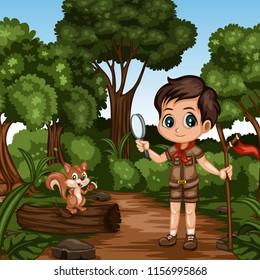 Young Cute Boy Scout Cartoon Character with a Wood Stick and Magnifying Glass and a Little Squirrel Standing on The Log in the Forest. Boy and Squirrel Standing on a Forest Path