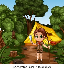 Young Cute Boy Scout Cartoon Character with a Wood Stick and Magnifying Glass in the Forest. Little Scout Standing on a Forest Path Near his Tent