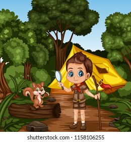 Young Cute Boy Scout Cartoon Character with a Wood Stick and Magnifying Glass and a Little Squirrel Standing on The Log in the Forest. Boy and Squirrel Standing on a Forest Path Near a Yellow Tent