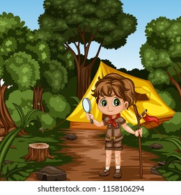 Young Cute Boy Scout Cartoon Character with a Wood Stick and Magnifying Glass in the Forest. Little Scout Standing on a Forest Path Near his Tent