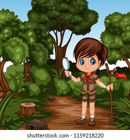 Young Cute Boy Scout Cartoon Character with a Wood Stick and Magnifying Glass  in the Forest. Little Scout Standing on a Forest Path
