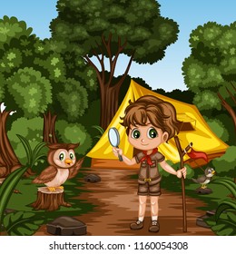 Young Cute Boy Scout Cartoon Character with a Wood Stick and Magnifying Glass and a Wise Owl Standing on The Log in the Forest. Boy and Owl Standing on a Forest Path Near a Yellow Tent