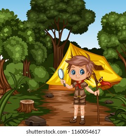 Young Cute Boy Scout Cartoon Character with a Wood Stick and Magnifying Glass in the Forest. Little Scout Standing on a Forest Path Near his Tent