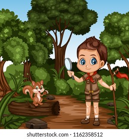 Young Cute Boy Scout Cartoon Character with a Wood Stick and Magnifying Glass and a Little Squirrel Standing on The Log in the Forest. Boy and Squirrel Standing on a Forest Path
