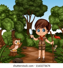 Young Cute Boy Scout Cartoon Character with a Wood Stick and Magnifying Glass and a Wise Owl Standing on The Log in the Forest. Boy and Owl Standing on a Forest Path